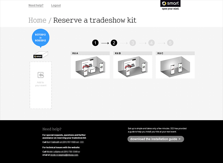 smart Tradeshow Kit Reservation Tool Screen